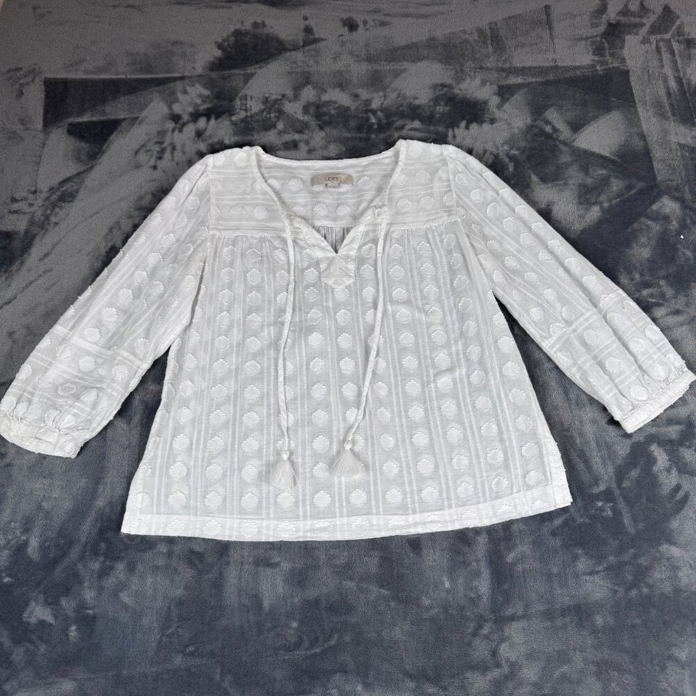 LOFT White Boho Blouse  Small Textured Peasant Top Cottage Core Romantic Tassle